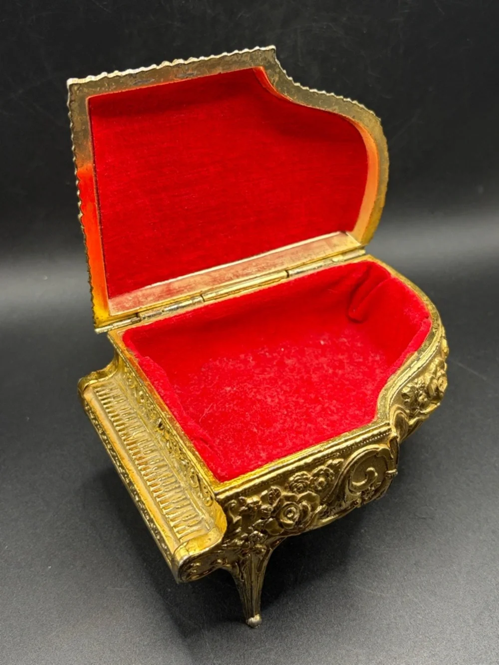 Vintage Grand Piano Gold Tone Rose Floral Hinged Jewelry Box Trinket Box, Japan